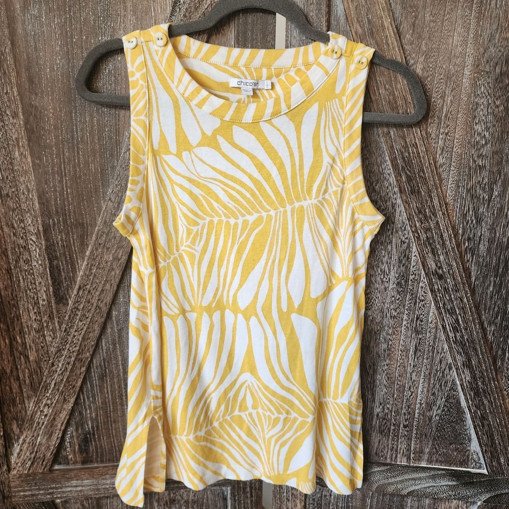 Chico's Shirt Women's Size 0 Small Yellow & White Sleeveless Tank Top Tunic Slit